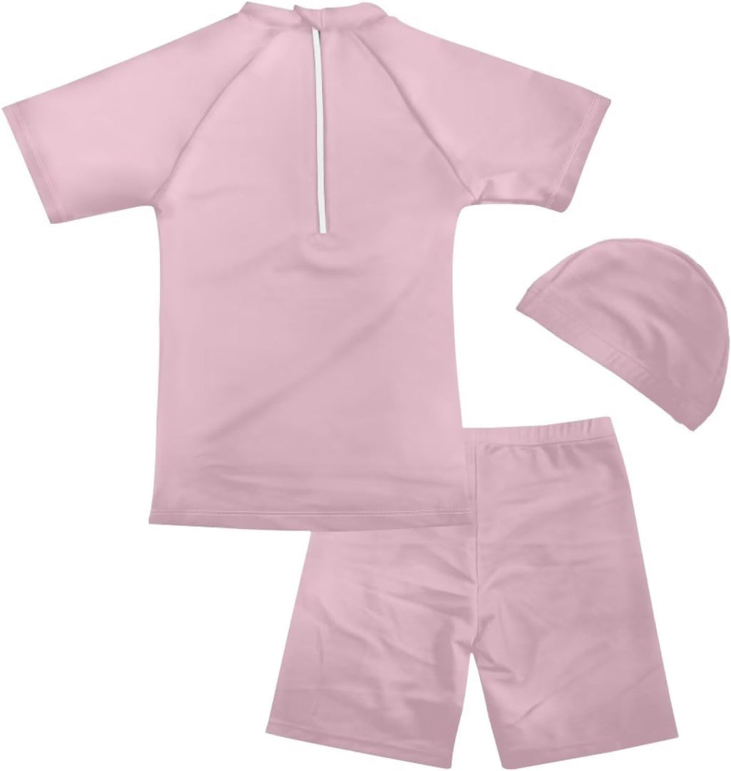 Girls Swimsuit Set Swim Shirt and Bathing Suit Trunk and Swim Cap