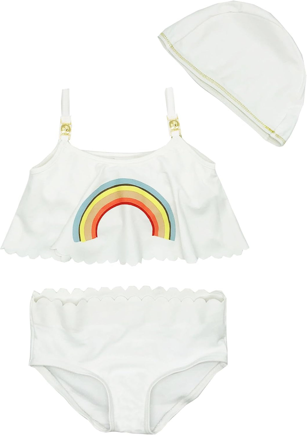 Little Girls Rainbow Scalloped Edging Bikini Swimsuit with Hat 3pcs Set Bathing Suit Beach Swimwear