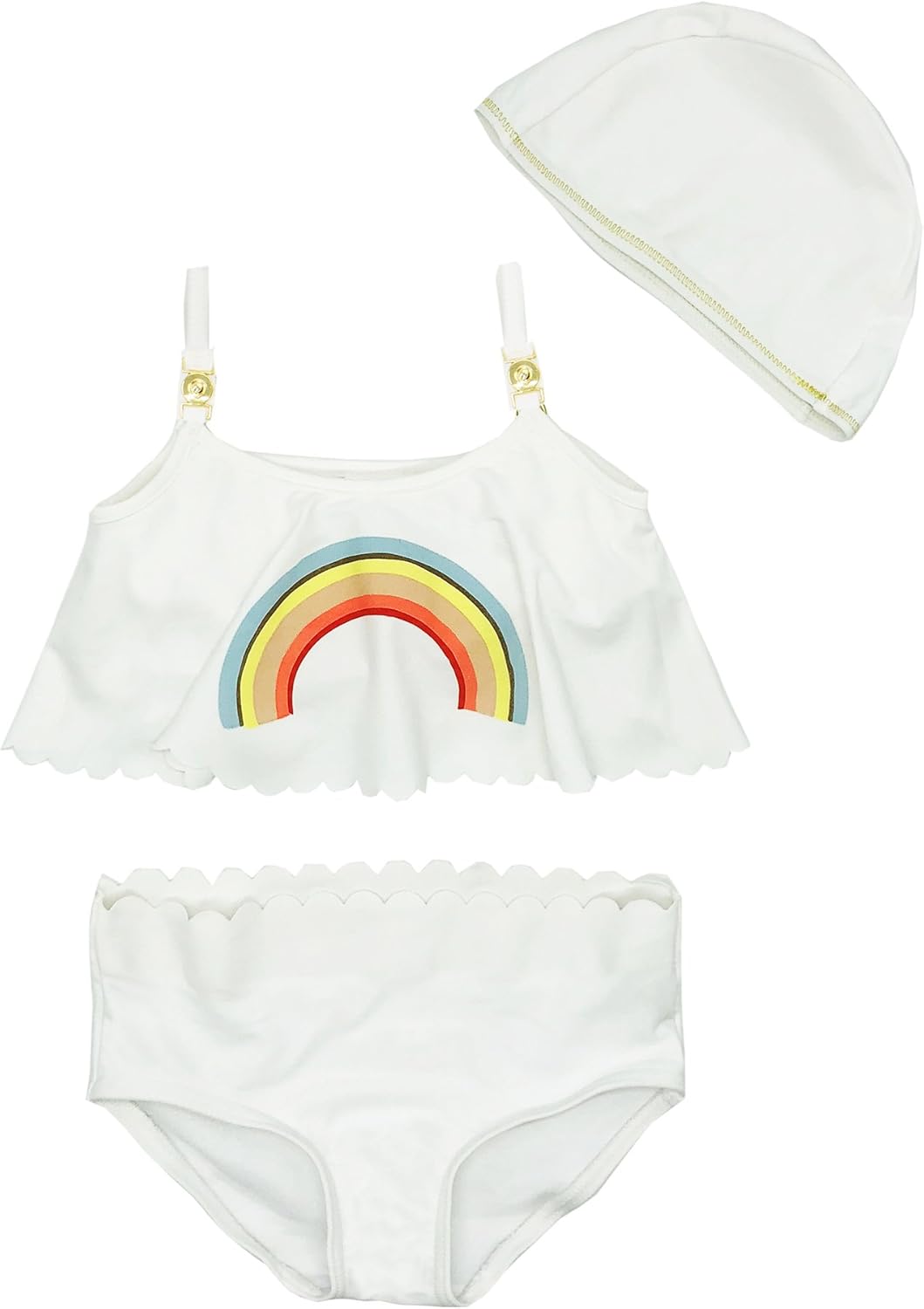 Little Girls Rainbow Scalloped Edging Bikini Swimsuit with Hat 3pcs Set Bathing Suit Beach Swimwear