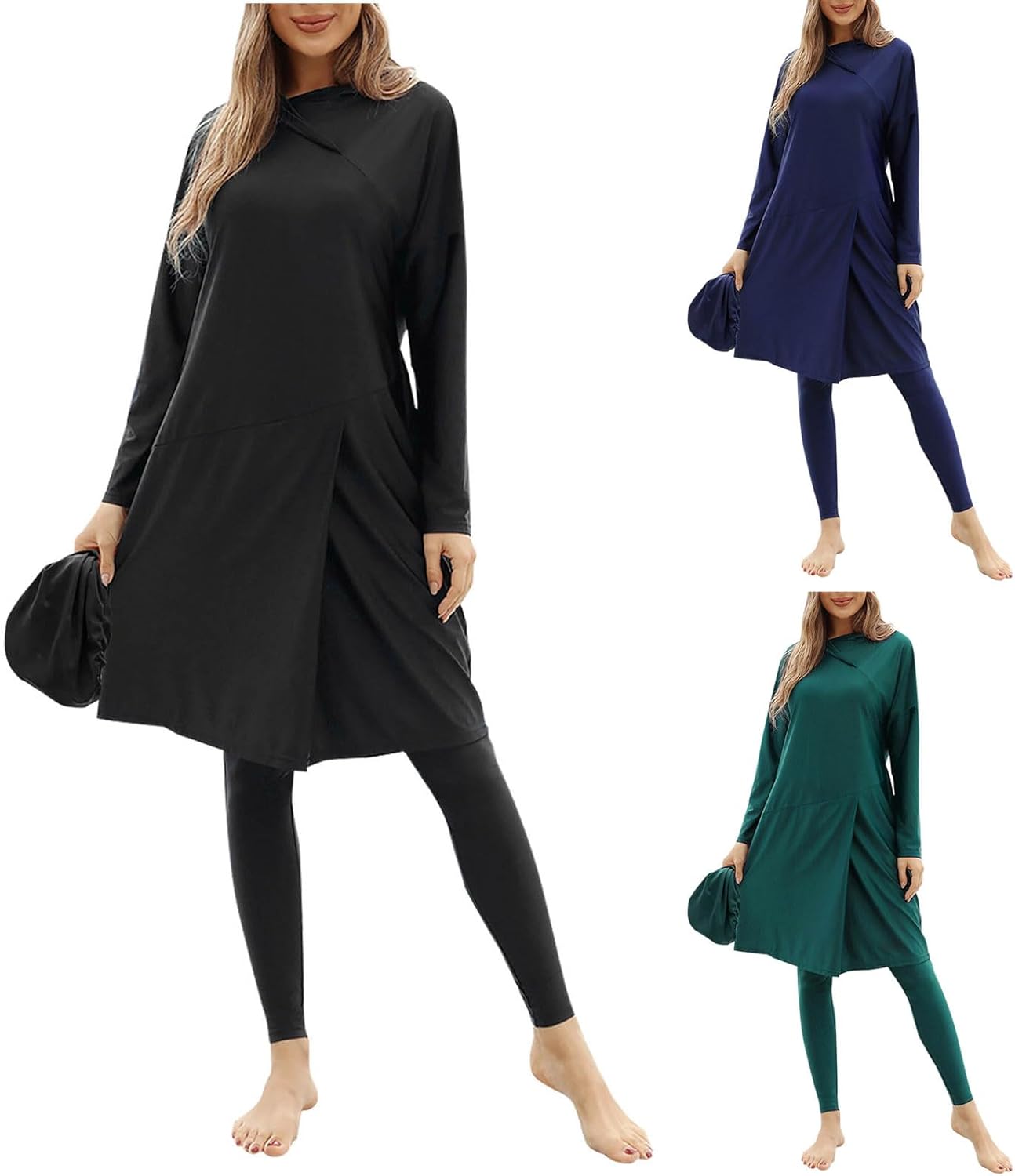Muslim Swimsuit for Women Rash Guard Set 3 Pieces Long Sleeve Modest Slit Swimwear with Swim Cap Surfing Bathing Suit