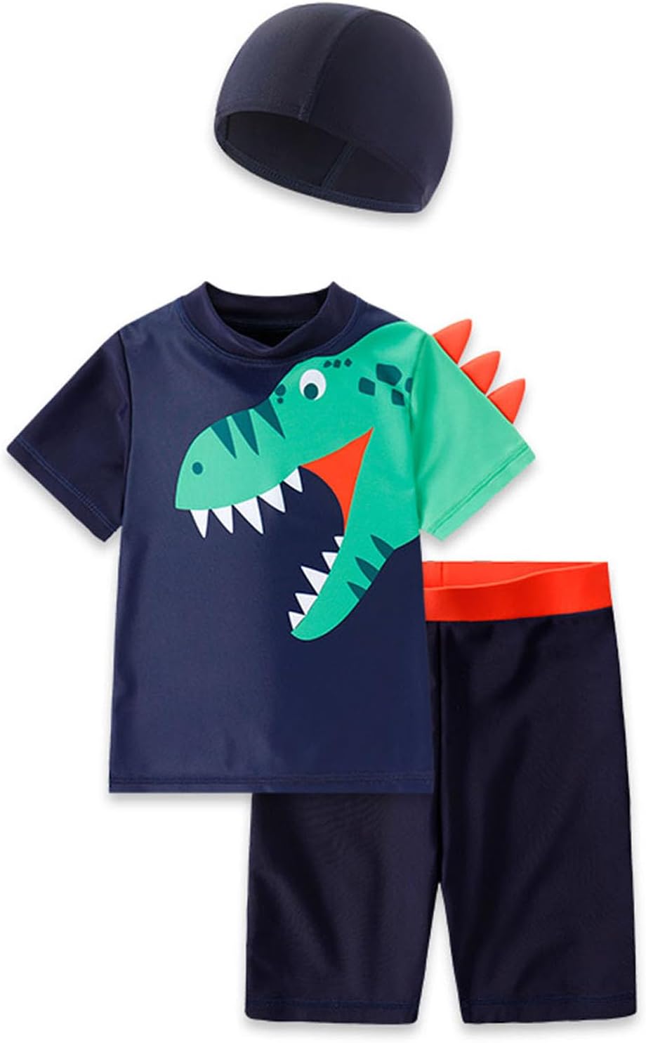 Baby Boys Two Piece Swimsuit Dinosaur Bathing Suit SPF Swim Shirt & Trunks Kids Rash Guard Shorts with Swim Cap