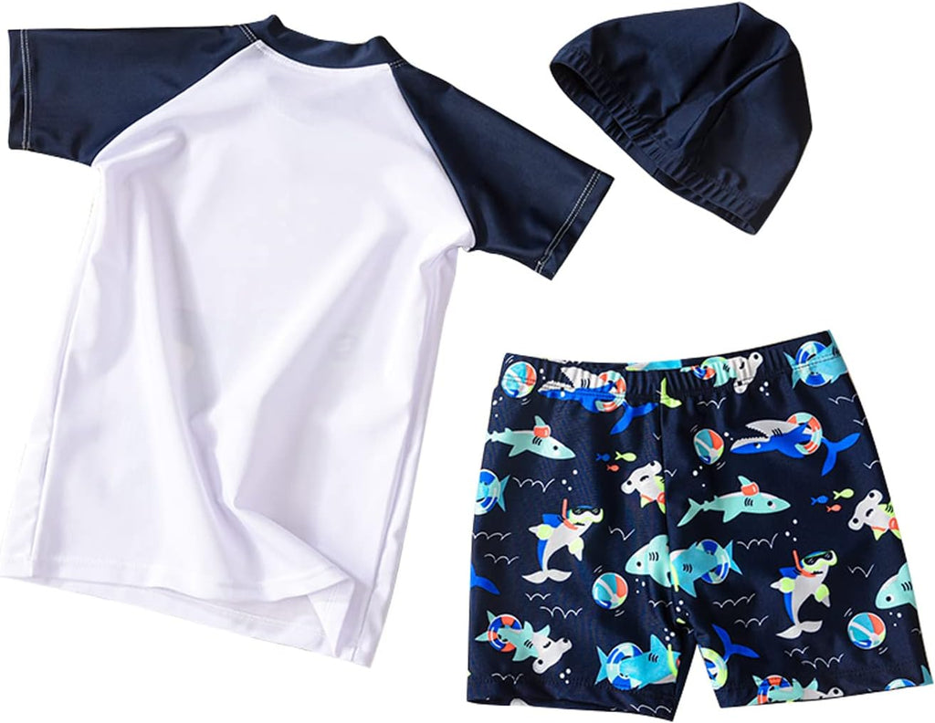 Toddler Boy 3-Piece Swimwear Set Baby Boy Swimsuit with Hat UPF 50+ Rash Guards Short Sleeve Bathing Suit for Boys