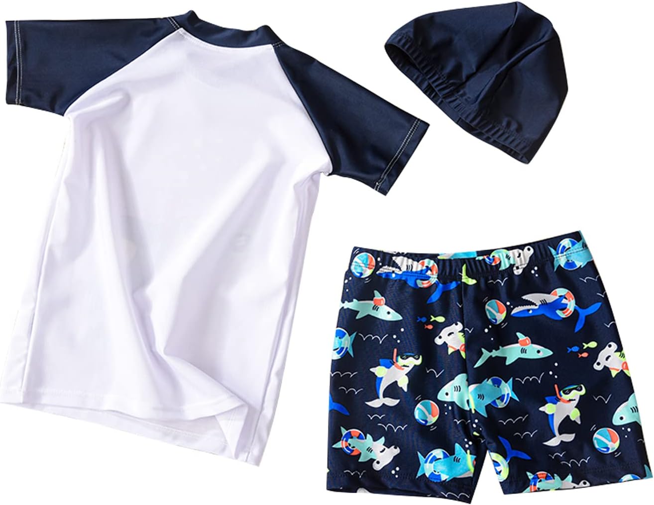 Toddler Boy 3-Piece Swimwear Set Baby Boy Swimsuit with Hat UPF 50+ Rash Guards Short Sleeve Bathing Suit for Boys