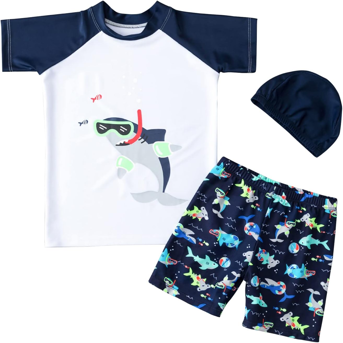 Toddler Boy 3-Piece Swimwear Set Baby Boy Swimsuit with Hat UPF 50+ Rash Guards Short Sleeve Bathing Suit for Boys