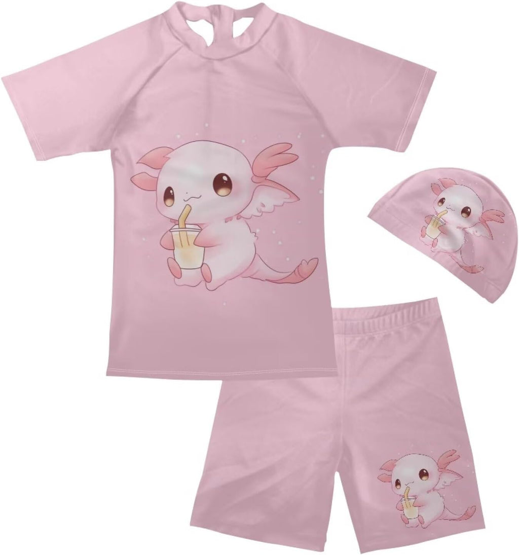 Girls Swimsuit Set Swim Shirt and Bathing Suit Trunk and Swim Cap