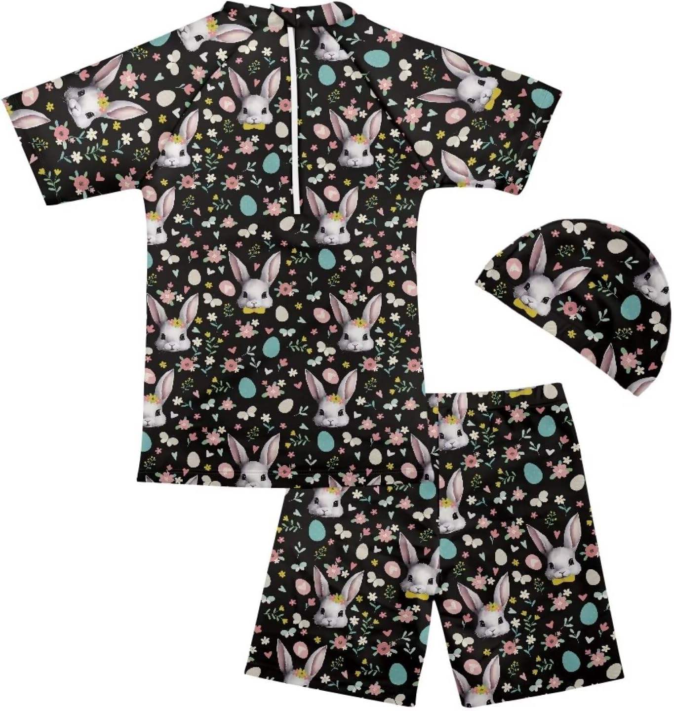 Boys Rash Guard Swimsuits Kids Short Sleeve Sunsuit Swimwear Sets with Swimming Cap