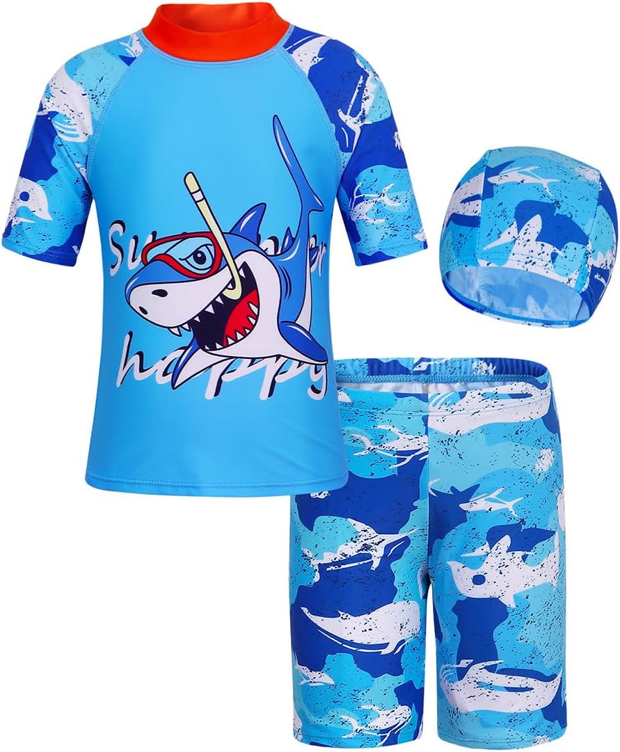 Toddler Swimsuit Boy 3 Piece Boys Swim Set Short Sleeve Boys Swim Shirt Boy Swim Trunks Rash Guard Bathing Suits