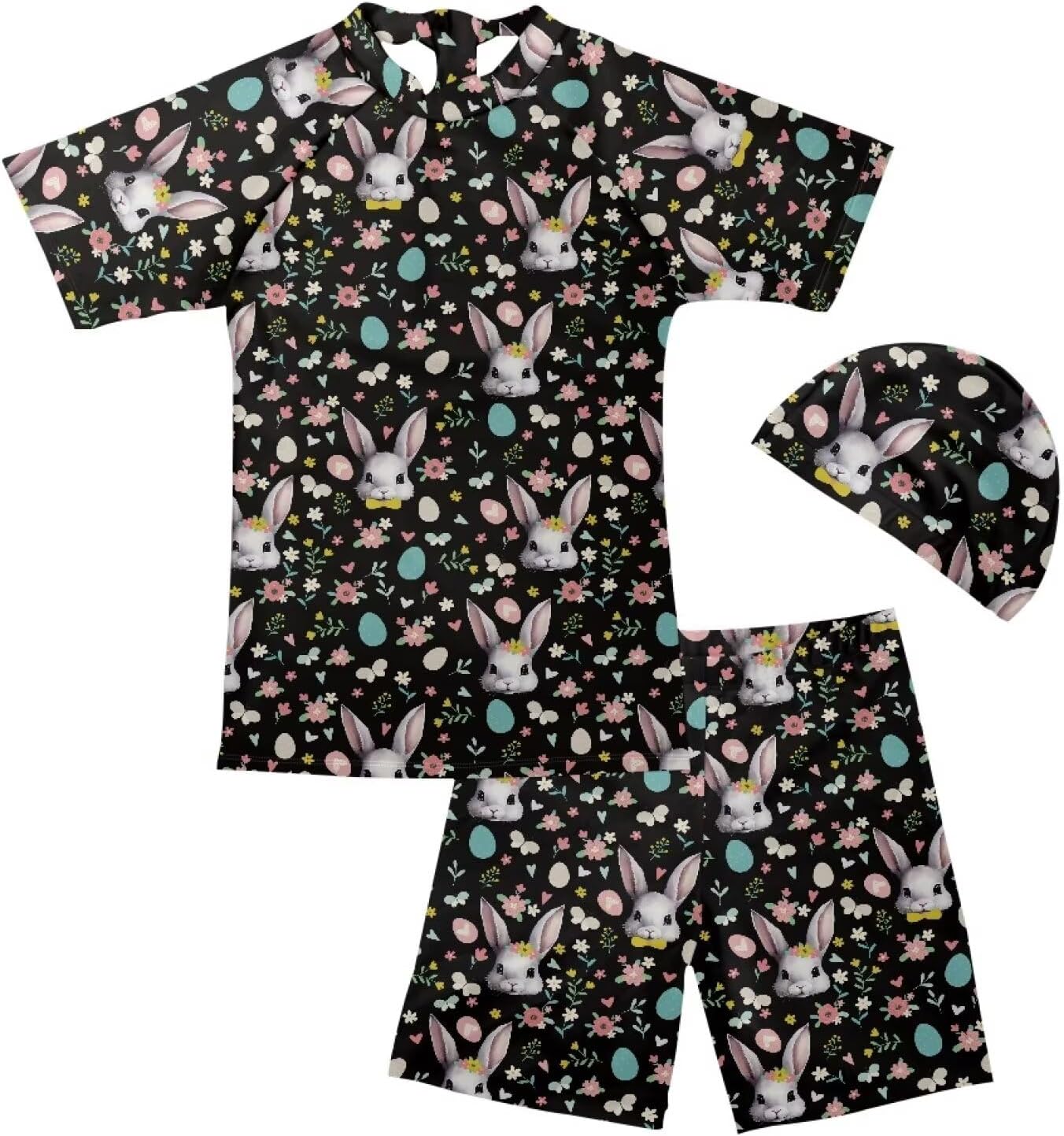 Boys Rash Guard Swimsuits Kids Short Sleeve Sunsuit Swimwear Sets with Swimming Cap